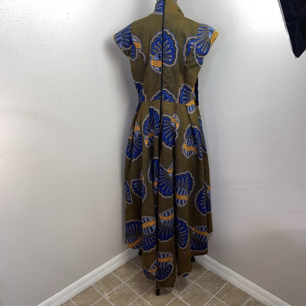 Ray Darten Gown Women's L Navy Blue & Yellow Seashell Ayoade African‎ High Low - Picture 4 of 16